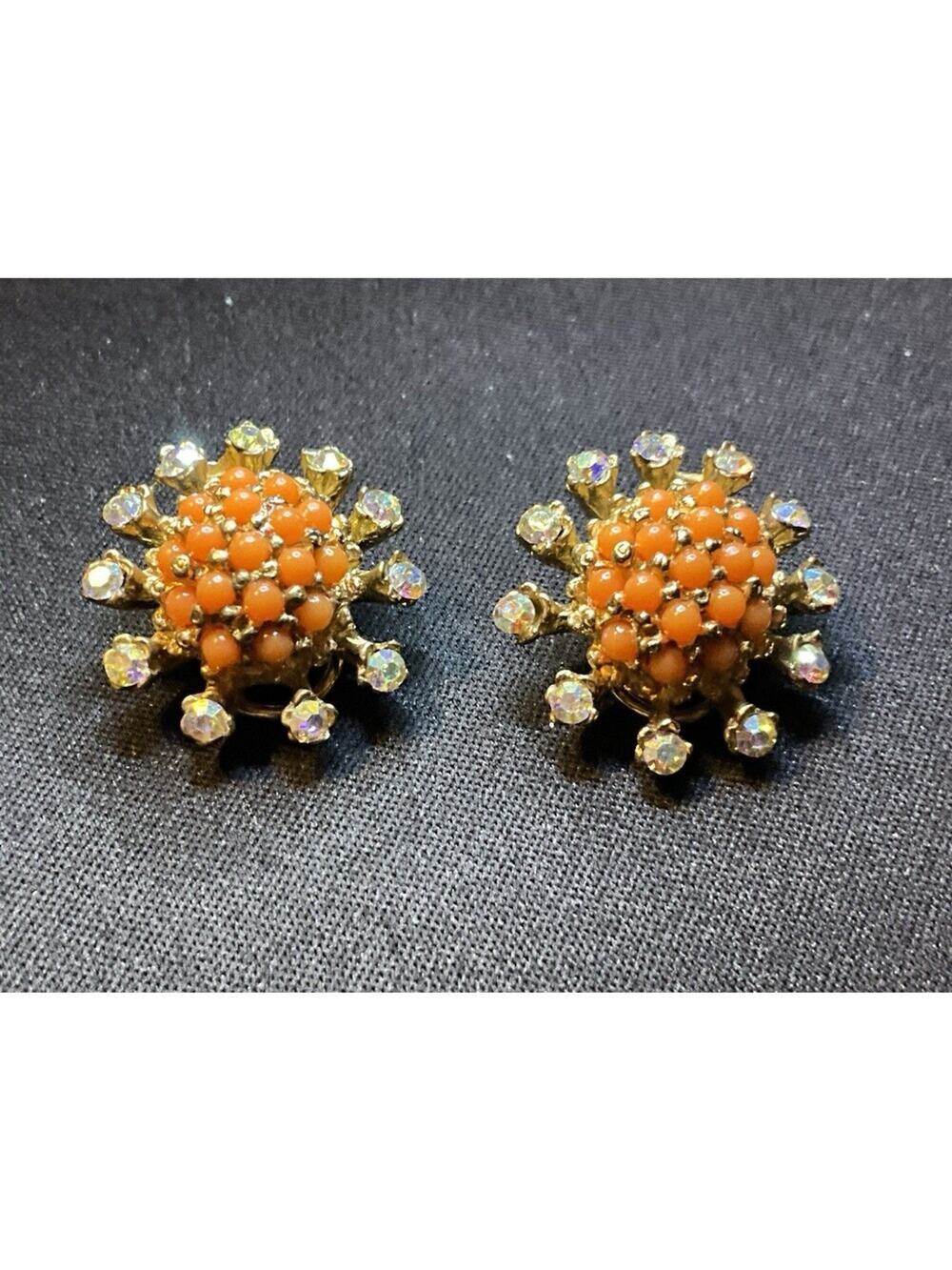 Vintage BSK Gold Tone Orange Bead A/B Crystal Clip On Earrings